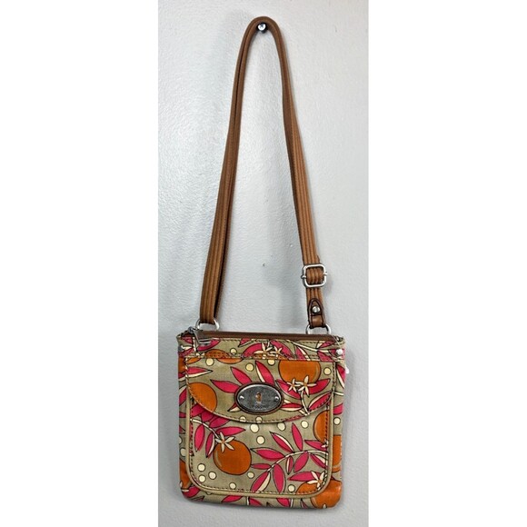 Fossil Key Per Crossbody Bag Coated Canvas Floral Orange Pink Tan VTG Y2K Boho - Picture 3 of 8